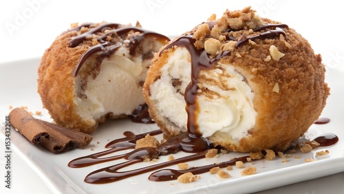 Fried ice cream dessert cut open showing creamy cold inside