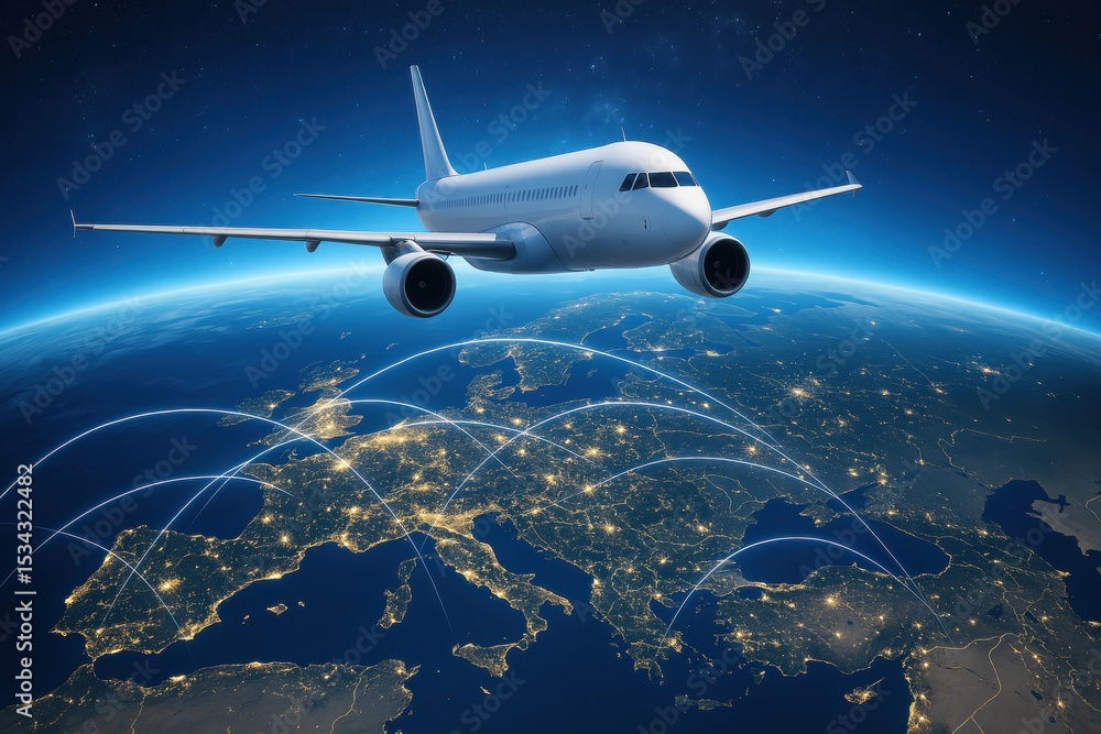 Naklejka premium Commercial airplane soaring above europe with nighttime city lights and global network connectivity