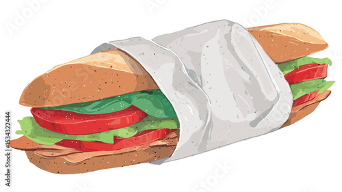 A digital illustration of a sub sandwich wrapped in white paper. The sandwich is composed of a long baguette filled with lettuce, tomato slices, and what appears to be slices of deli meat or