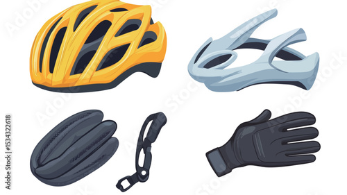 A digital illustration showing a yellow bicycle helmet, a white bicycle helmet, a pair of black cycling gloves and a pair of black cycling gloves from a different angle. The helmets and gloves are
