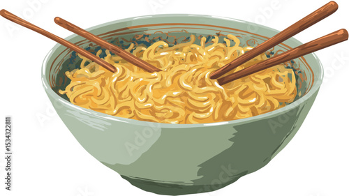 A digital illustration depicts a close-up view of a bowl of yellow noodles. The noodles are piled high in a light green bowl. Three brown chopsticks rest on top of the noodles, partially submerged.