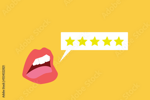 Mouth feedback with star rating. concept of Service rating, satisfaction, and experience