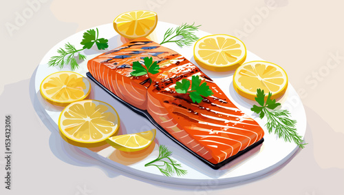 Grilled salmon fillet garnished with lemon slices and herbs on a white plate