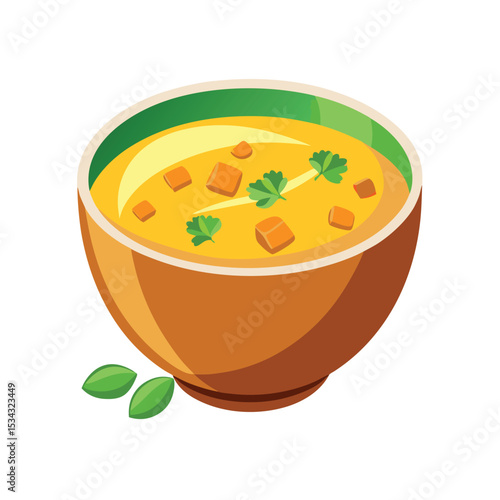 Creamy Orange Carrot Soup in Brown Bowl with Green Garnish vector