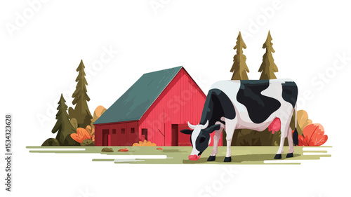 A stylized vector illustration depicting a black and white cow grazing in a field next to a red barn.  The scene is set in an autumnal landscape with evergreen trees and autumn-colored foliage