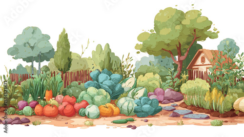 A digital illustration depicting a bountiful harvest scene in a vegetable garden. The artwork features a variety of colorful vegetables and fruits piled on the ground, surrounded by lush greenery,