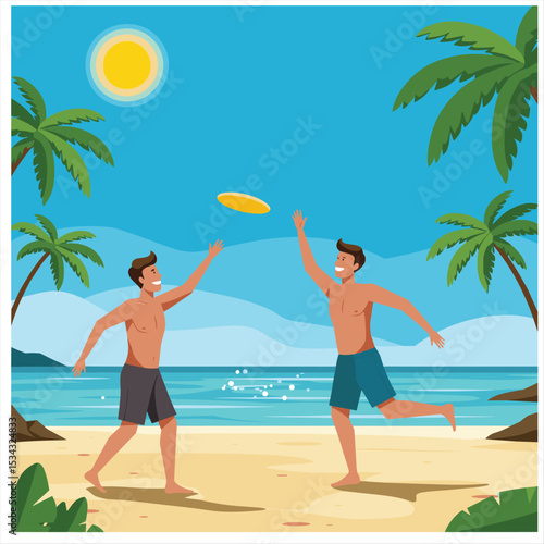 Two men playing frisbee on the beach, one catching and one throwing, sunny day, summer scene in flat design