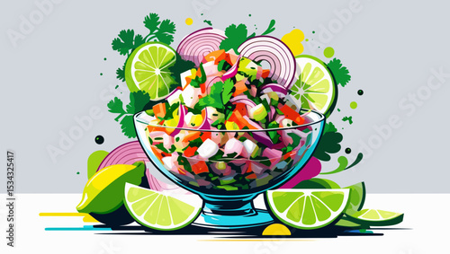 Fresh vegetable salad with lime and herbs in a glass bowl on a colorful background