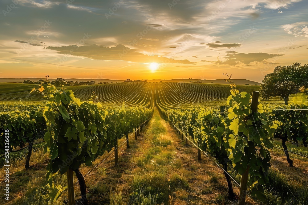 Fototapeta premium A vineyard at sunset, rows of grapevines stretching towards the horizon