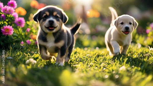 A group of adorable puppies happily running and playing in a sunny field of green grass.