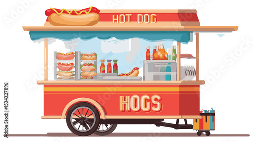 A digital illustration of a red and orange hot dog cart. The cart is on wheels and has a small awning.  The cart is stocked with hot dogs, buns, condiments, and drinks. The word "HOGS" is