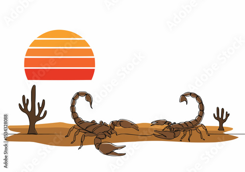 Two scorpions stand poised in the arid desert landscape under the vibrant sunset.