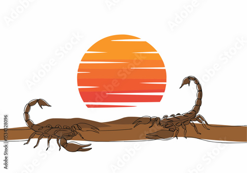 Two scorpions facing each other in the desert with a setting sun background. 