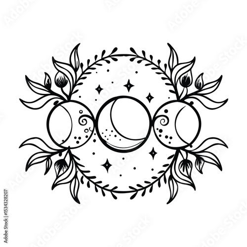 Feminine Energy, Mystical Vines, and Phases of Spiritual Interconnectedness in Monochrome Harmony.