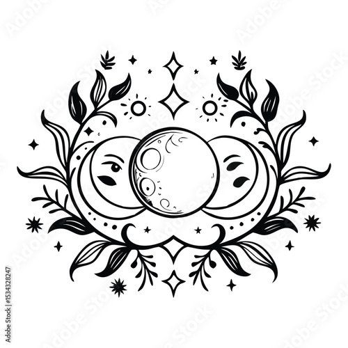Feminine Energy, Mystical Vines, and Phases of Spiritual Interconnectedness in Monochrome Harmony.