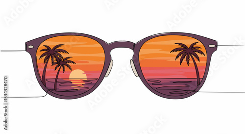 Sunglasses reflect a picturesque sunset with palm trees on the horizon.