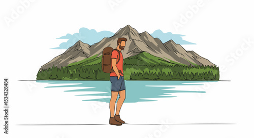 A hiker standing by a lake looking at the mountain range.