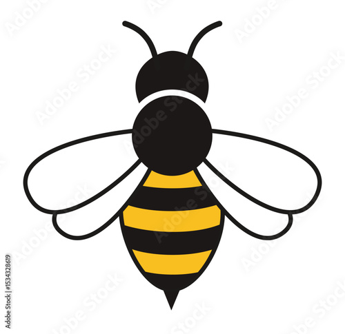 An illustrative image of a stylized bee with black and yellow stripes, white wings, and black antennae, seen from a top-down perspective.