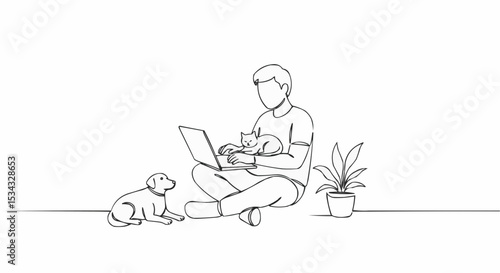 A person working on laptop with a cat and dog in a simple sketch.