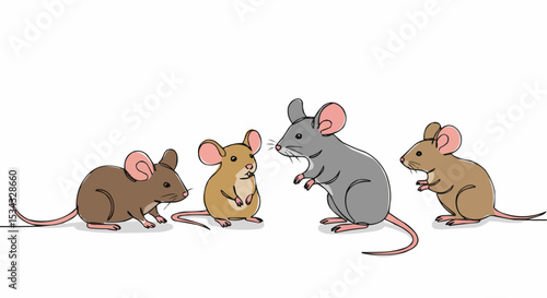 A group of four mice in various shades of brown, each with unique features.