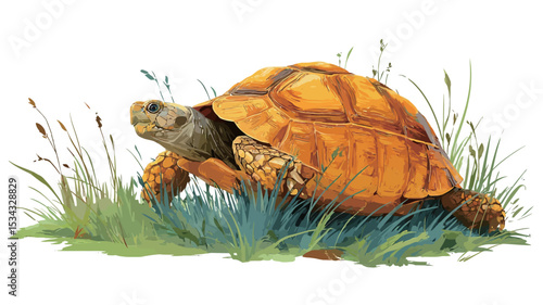 An illustration of an orange tortoise partially withdrawn into its shell, positioned in a bed of green grass against a white background. The tortoise's shell shows detailed textural markings 