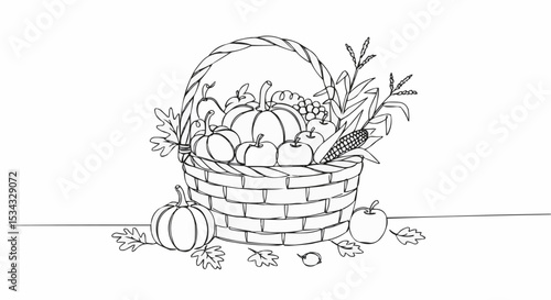 Illustration of a basket overflowing with autumn harvest and leaves.