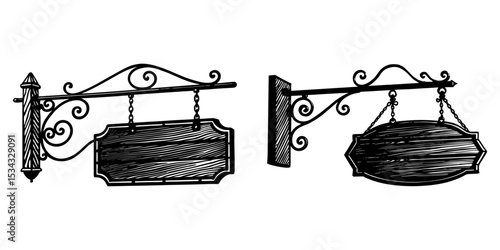 Aged wooden hanging sign swinging from a black wrought-iron bracket, outside a country-style café