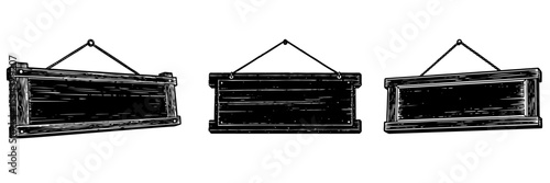 Distressed rectangular wooden sign on a weathered wall, empty and sunlit
