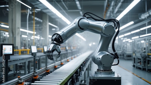 ndustrial robotic arm operates on factory line, showcasing future automation in production and tech-driven manufacturing