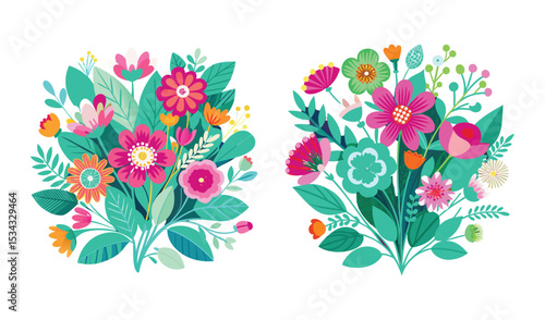 Photo of two vibrant floral bouquets, bursting with pink, orange, and teal flowers, isolated on white background