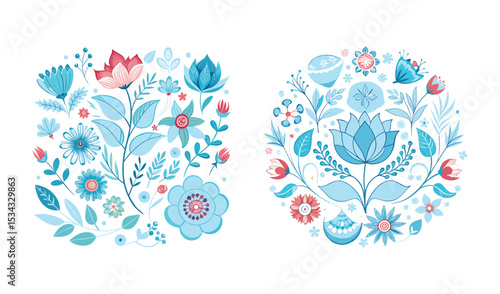 Photo of two illustrations of stylized floral arrangements in cool blues and muted pinks, isolated on white background