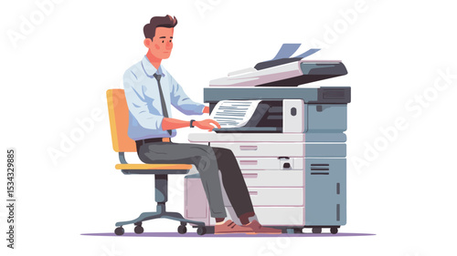 A vector illustration depicting a businessman sitting on a chair in front of a large multi-function office copier/printer/scanner. The man is shown interacting with the machine, seemingly feeding