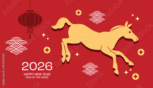 Year of the horse 2026 banner with baby foal. Lunar new year 2026 greeting card with zodiac horse silhouette and hanging lanterns decorations.