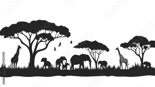 Silhouette of African animals and trees