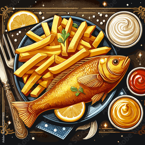 Delicious golden fried fish served with French fries and sauces on a decorative plate