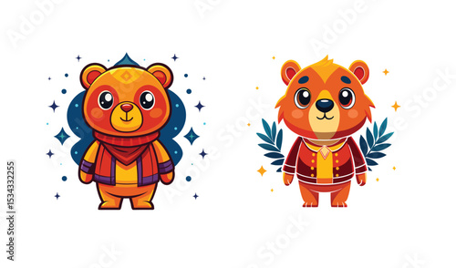 Photo of two adorable cartoon bear cubs, one in a scarf and the other in a jacket, stand isolated on white background