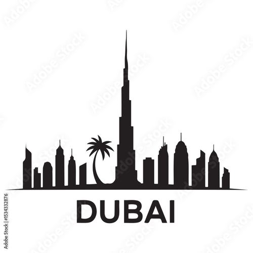 Vector Dubai skyline. Travel Dubai famous landmarks. Business and tourism concept for presentation, banner, web site. Vector black silhouette. with white background