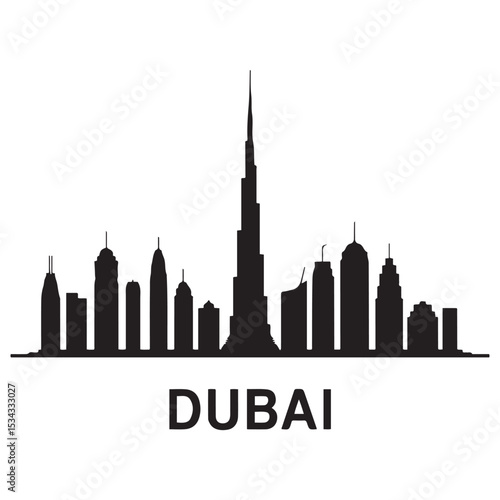 Vector Dubai skyline. Travel Dubai famous landmarks. Business and tourism concept for presentation, banner, web site. Vector black silhouette. with white background