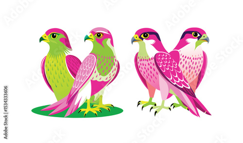 Photo of vibrant pink and green falcons, isolated on white background, showcase striking plumage in a stylized illustration