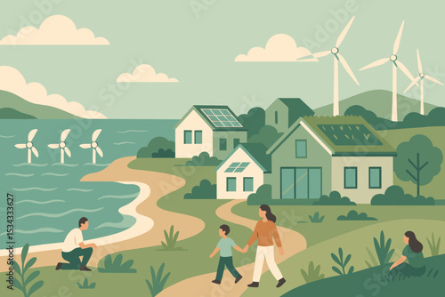 Eco-friendly coastal village with wind turbines and solar-powered homes