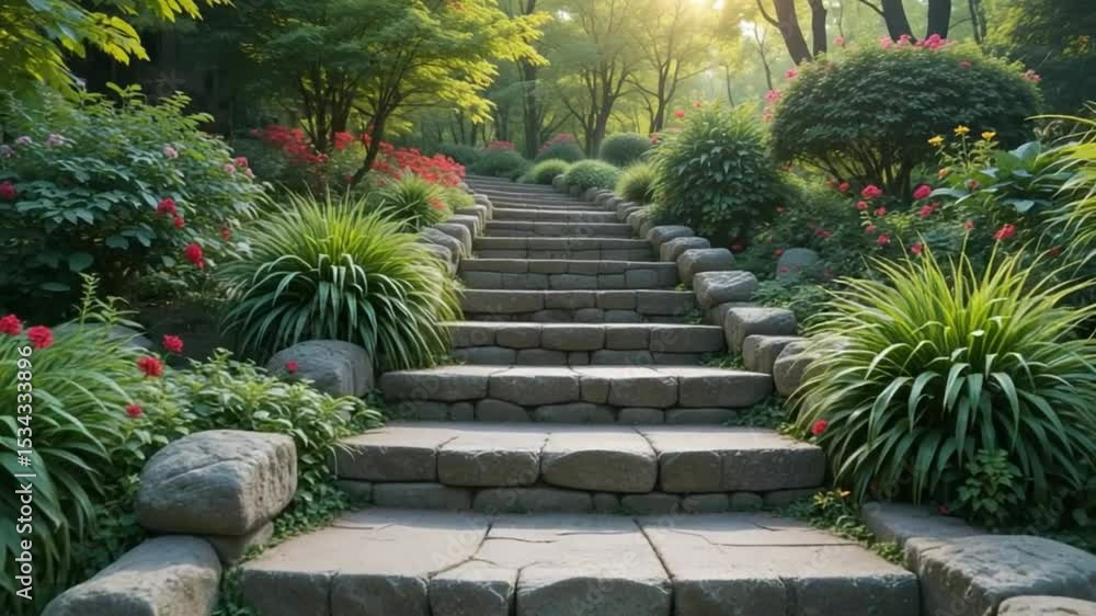 Beautiful Stone Staircase Leads Through Lush Garden with Flowers and Trees at Sunset Beautiful Stone Staircase Leads Through Lush Garden with Flowers and Trees at Sunset