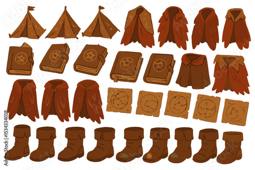 Fantasy-RPG inventory sheet — rows of hand-drawn items (warm parchment palette) including crescent-pattern tents, pentagram spellbooks, feathered mage cloaks