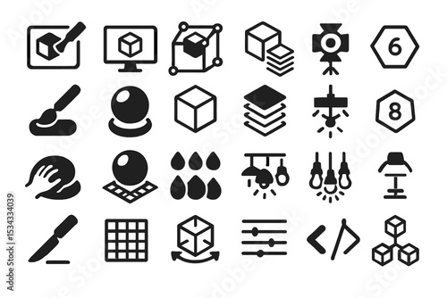 3D modeling and rendering tools icon set in minimal outline style