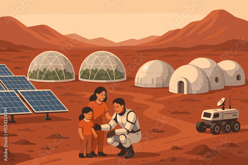 Futuristic Mars colony with family, domes, and solar panels