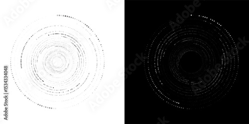 Modern abstract background. Halftone dots in circle form. Spiral logo, icon or design element. Black dots on a white background and white dots on the black side. modern