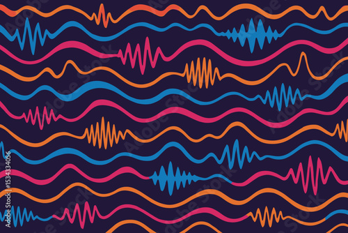 Vibrant neon audio wave seamless pattern on dark backdrop