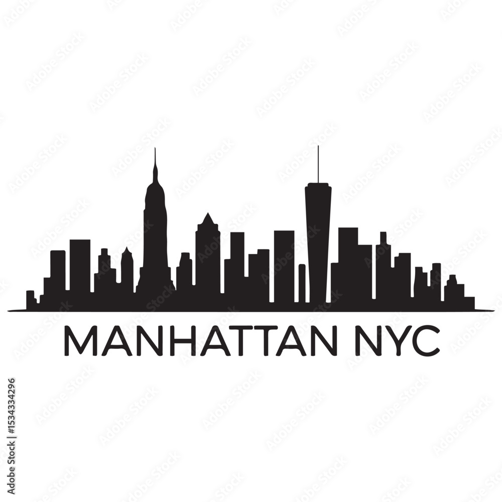 Naklejka premium Manhattan skyline horizontal banner. Manhattan, NYC. Vector template for your design. Vector black silhouette. with white background