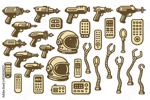 Retro sci-fi vector set with ray guns, helmets and gadgets