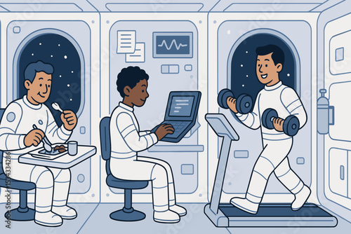 Astronaut daily life inside space station module illustration
