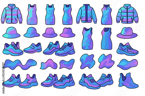 Futuristic holographic clothing and footwear icons in gradient colors